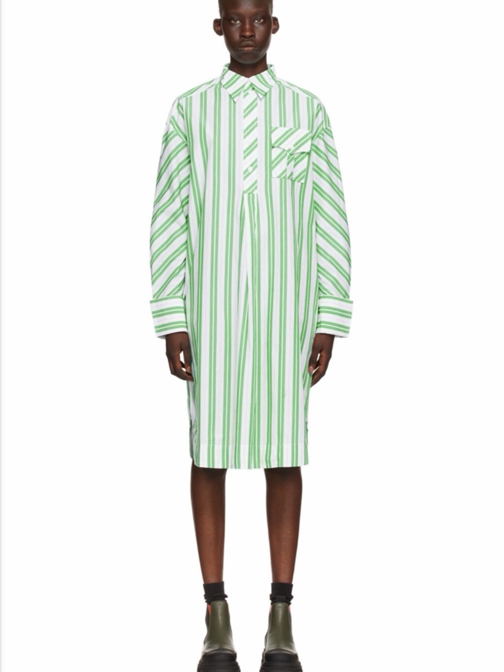 Ganni NWOT Oversized Green Stripe Longline Shirt. Size 38  (EU), 6 (US)